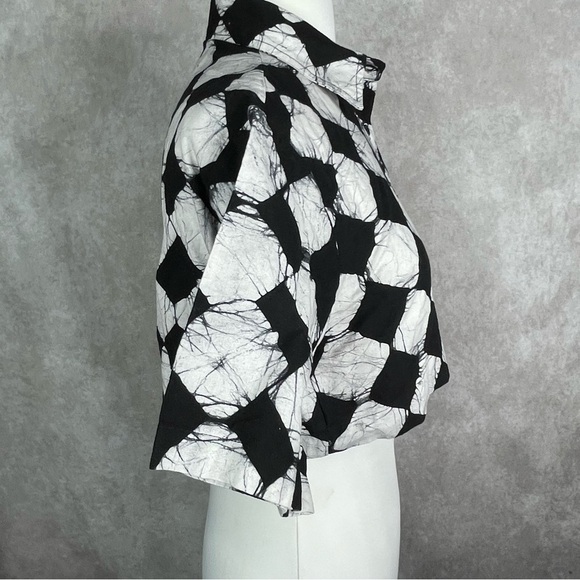 Studio 189 Cotton Cropped Camp Checkered Button Up Shirt In Black White Size S - Picture 6 of 7